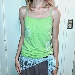 Women's Small Lime Green Spaghetti Strap Tank Top With Y2k Cross Designs